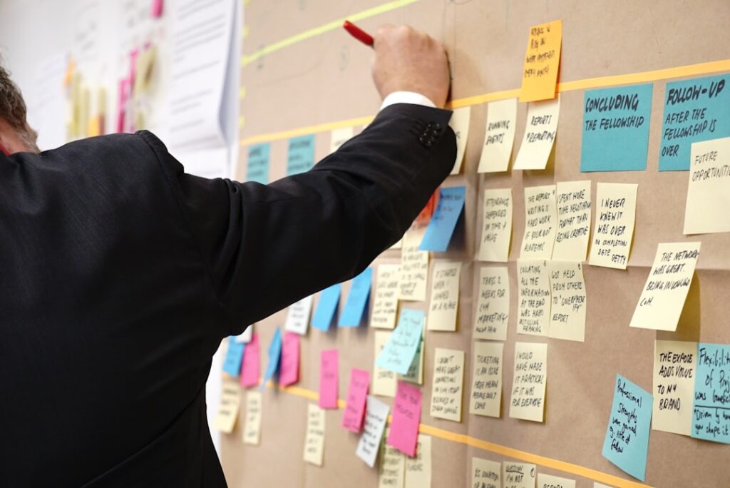 Project planning board with sticky notes showing development roadmap and timeline planning process