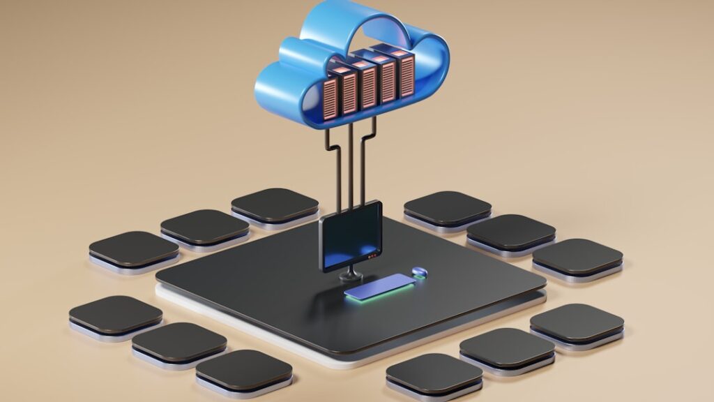 3D illustration of cloud computing and server scaling showing distributed infrastructure and network growth