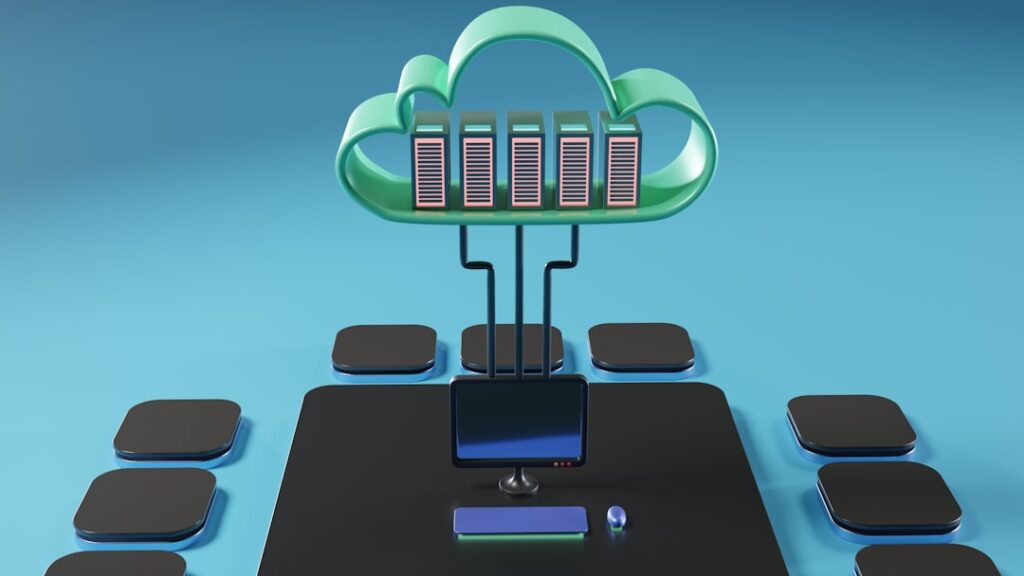 3D cloud infrastructure visualization showing server capacity scaling and resource management for multi-tenant systems