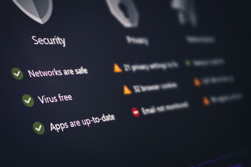 Security monitoring dashboard showing network safety status for VoIP telecommunications compliance
